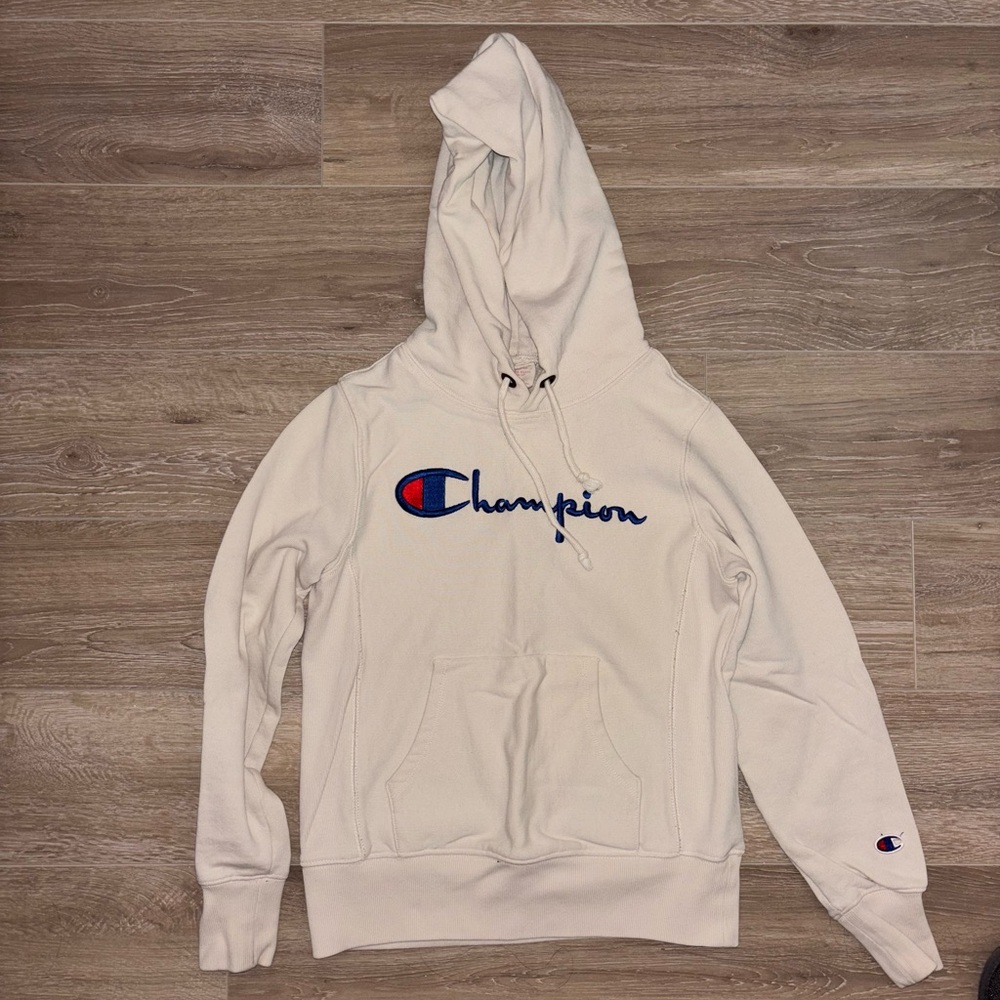 Champion Cream Hoodie with Blue Logo